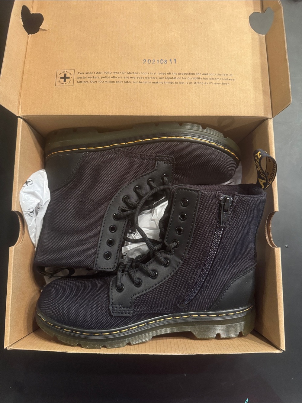Dr. Martens Kids Black Canvas Combat Boots with Yellow Stitching